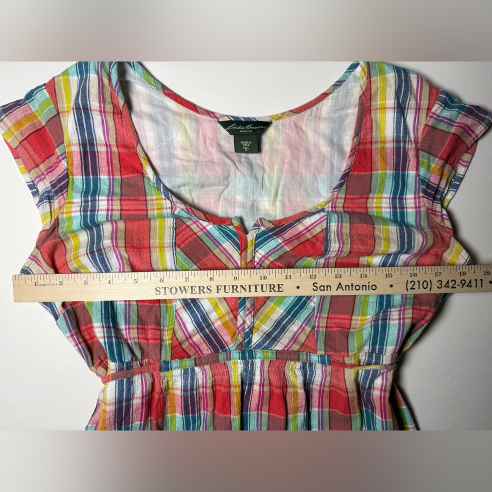 Eddie Bauer Tall 10 Madras Plaid Cotton Midi Dress Tie Waist Cap Sleeve. - Picture 4 of 5